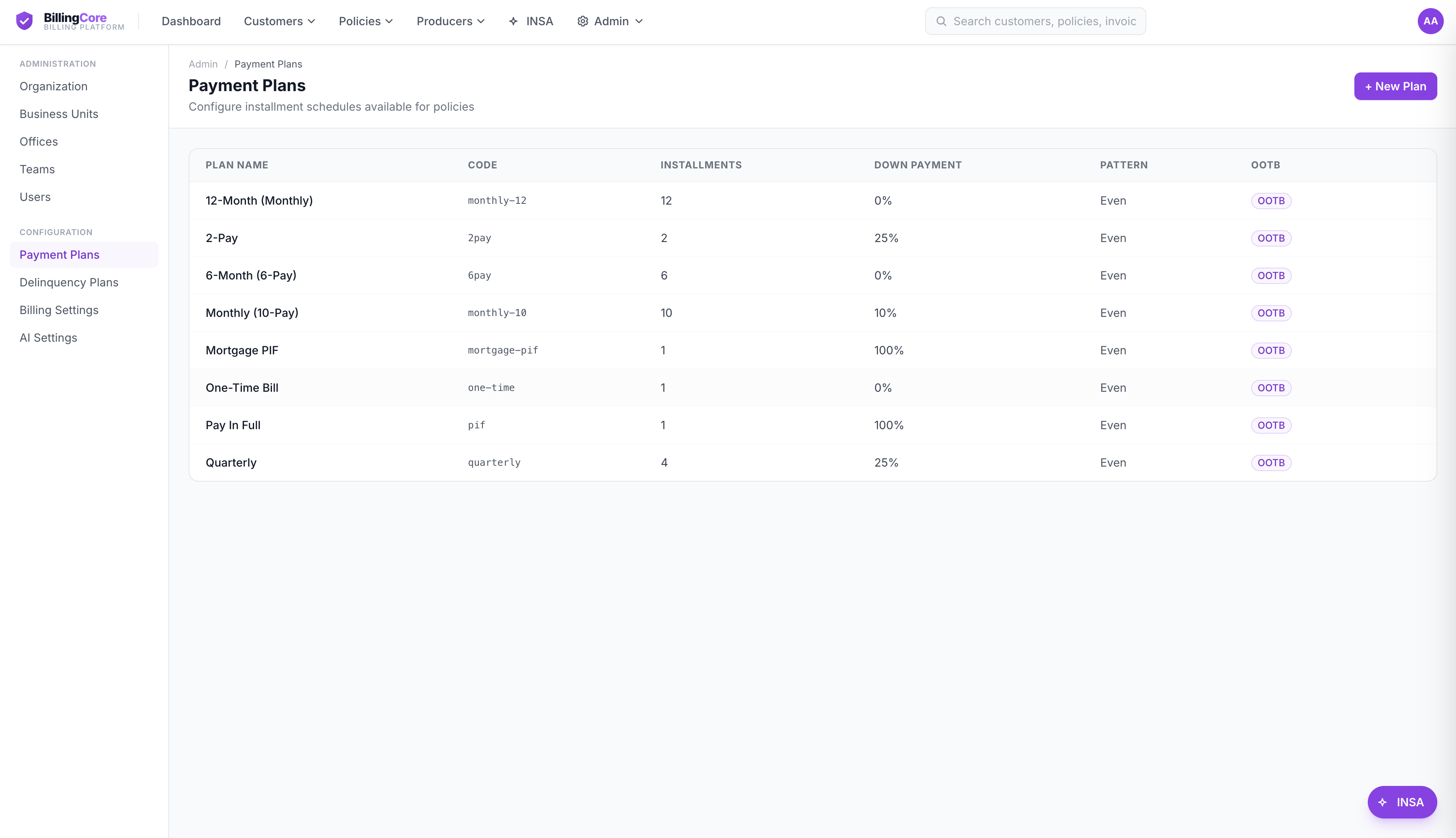 BillingCore configurable payment plans