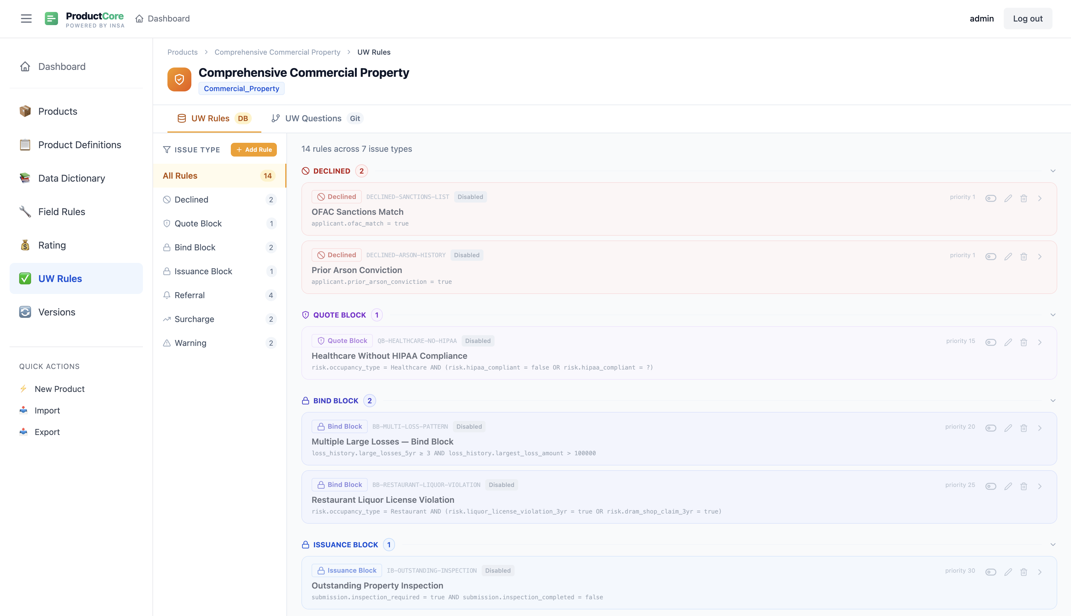 ProductCore underwriting rules engine